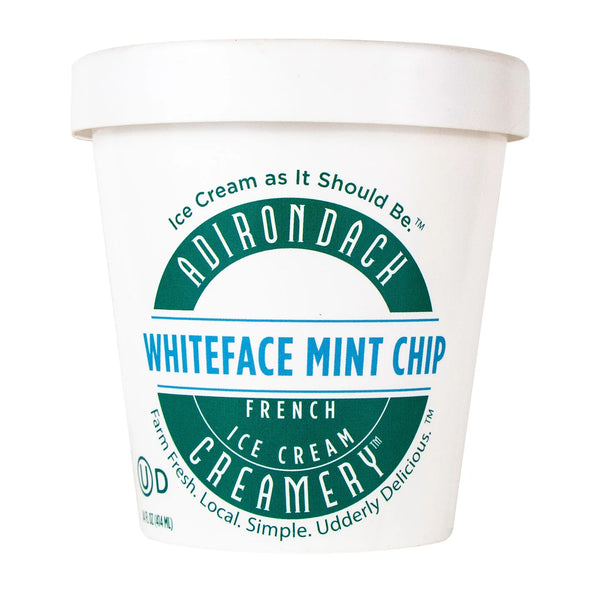 Front of an Adirondack Creamery Whiteface Mint Chip ice cream container